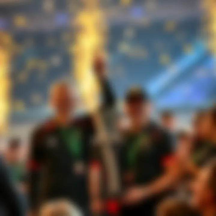 Lars and elconn celebrate their victory Lars and elconn hold up a new One Blade trophy, smiling and celebrating their achievement in the competition, surrounded by teammates and fans.