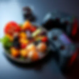 A colorful plate of food next to a gaming controller, inviting people to share their last meal and favorite game for a giveaway.
