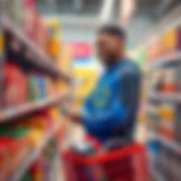 A shopper holding the last available copy of a popular item at Walmart with a big smile, surrounded by other products on the shelf.