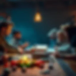 A group of friends gathers around a table with D&D books and dice, sharing stories in memory of their late Dungeon Master.