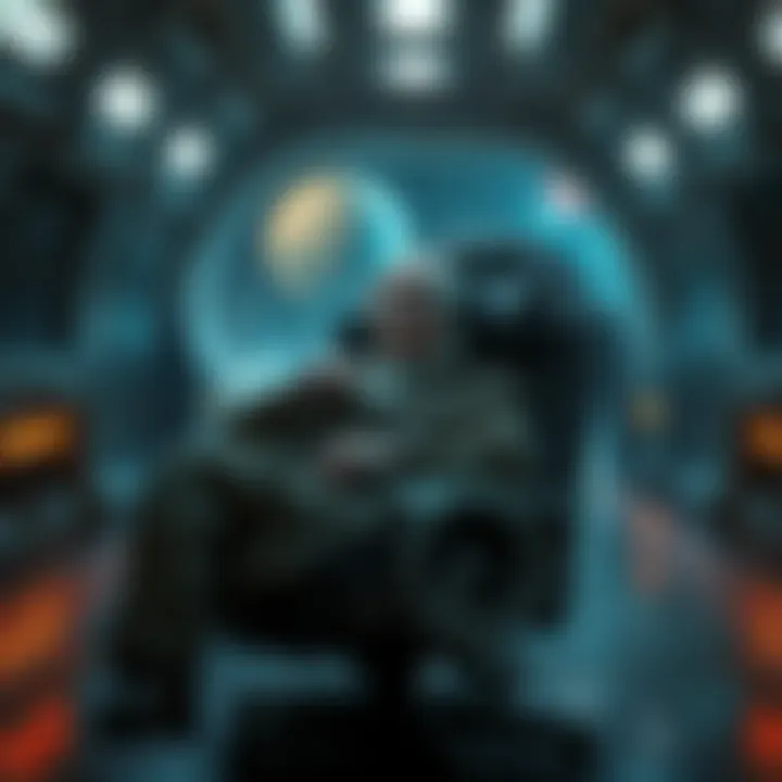 A spaceship interior with a sick, elderly human resting in a chair while robotic figures loom in the background, showcasing a dark future.