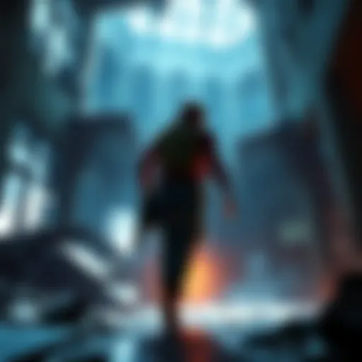 A character from The Last of Us navigating a ruined building while avoiding threats, showcasing the survival struggle in Grounded mode