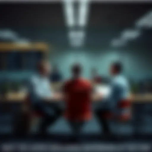 Three employees sitting together in an office, discussing their work and future, with empty desks around them