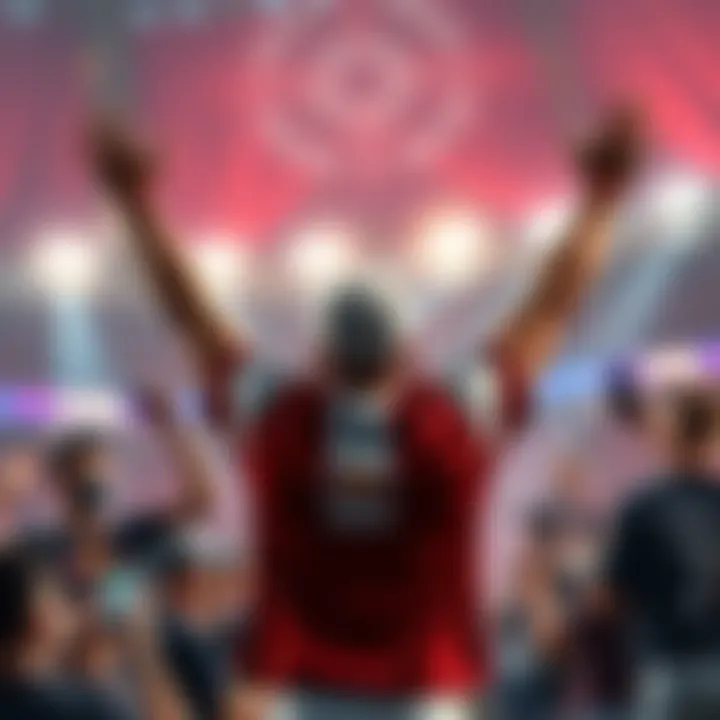 Lastshot raises his arms in victory at Usubeni after winning three matches, surrounded by cheering fans.