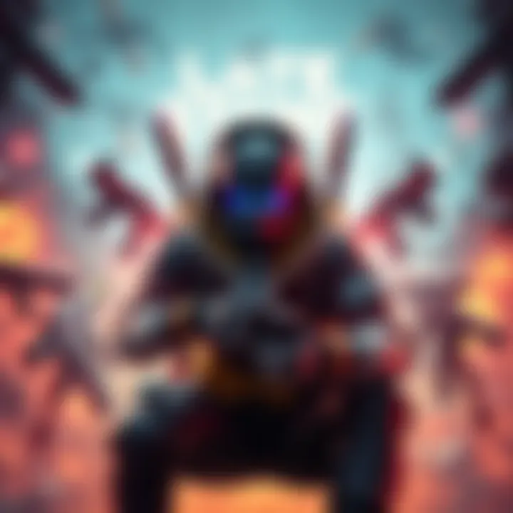 A gamer strategizing during a late spawn in an action-packed game environment, surrounded by game elements like weapons and power-ups.