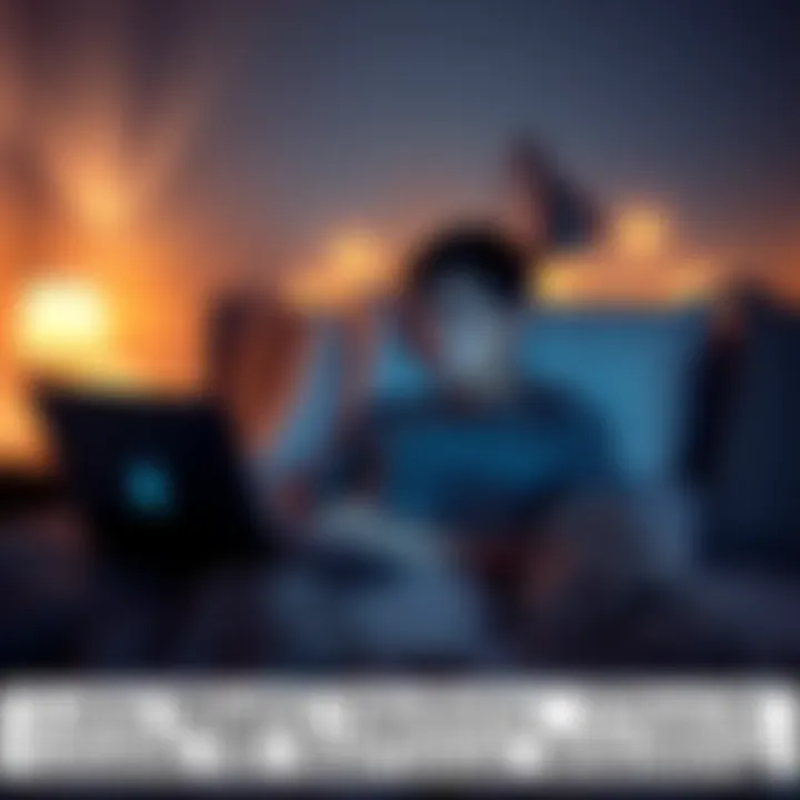 Individual sitting in bed with a laptop, looking tired while scrolling through updates.