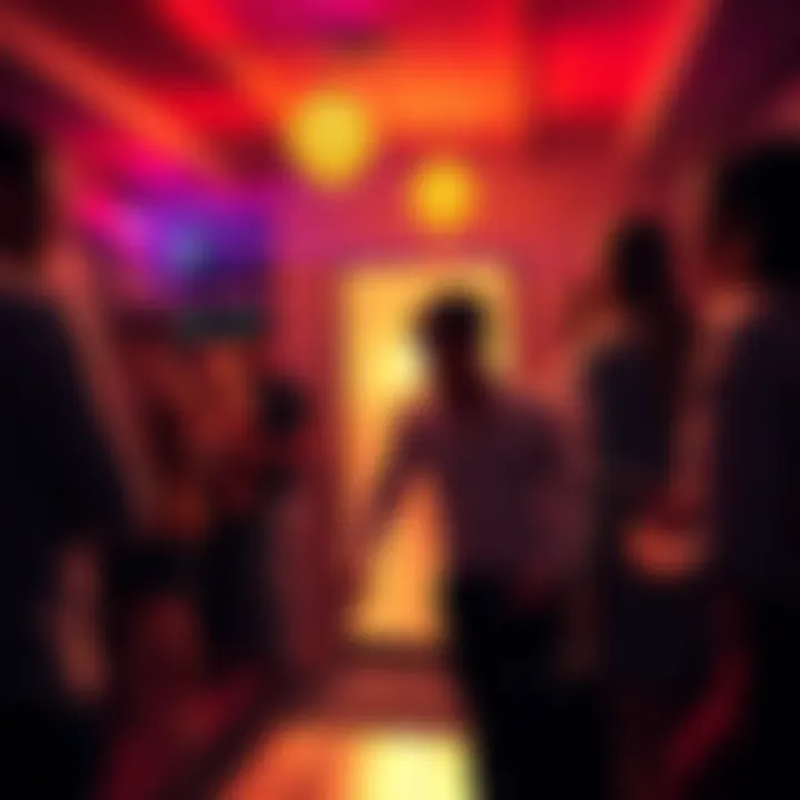 Person arriving late to a party A person entering a lively party while others are already socializing and having fun