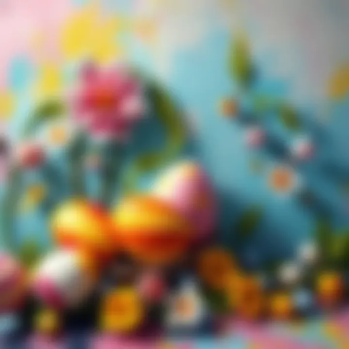 A colorful painting celebrating Easter, featuring cheerful colors and festive elements like eggs and flowers.