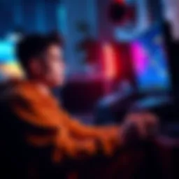 A gamer playing video games late at night, illuminated by a computer screen with a focused expression, showing a rise in ranking on the screen
