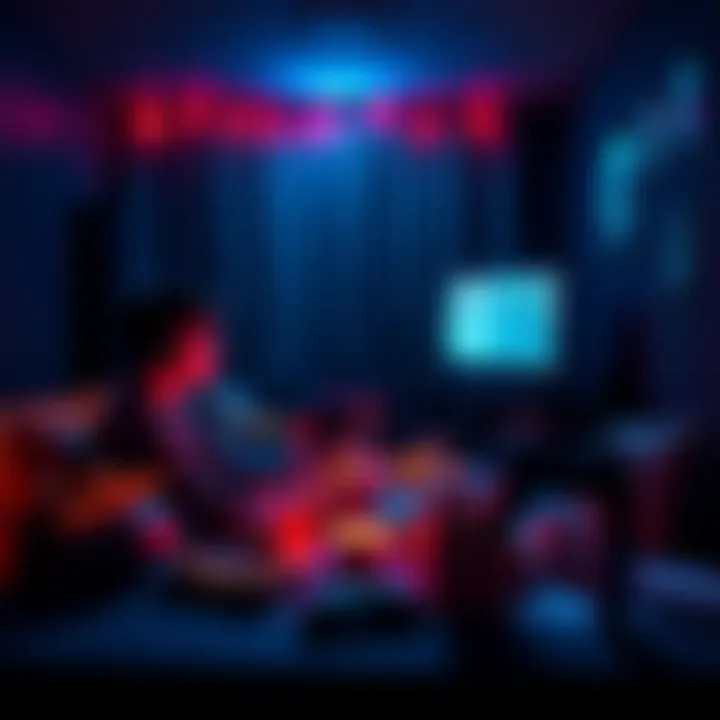 A gamer immersed in a dark room, illuminated by the glow of a screen, surrounded by snacks and drinks, capturing the 3 AM vibe