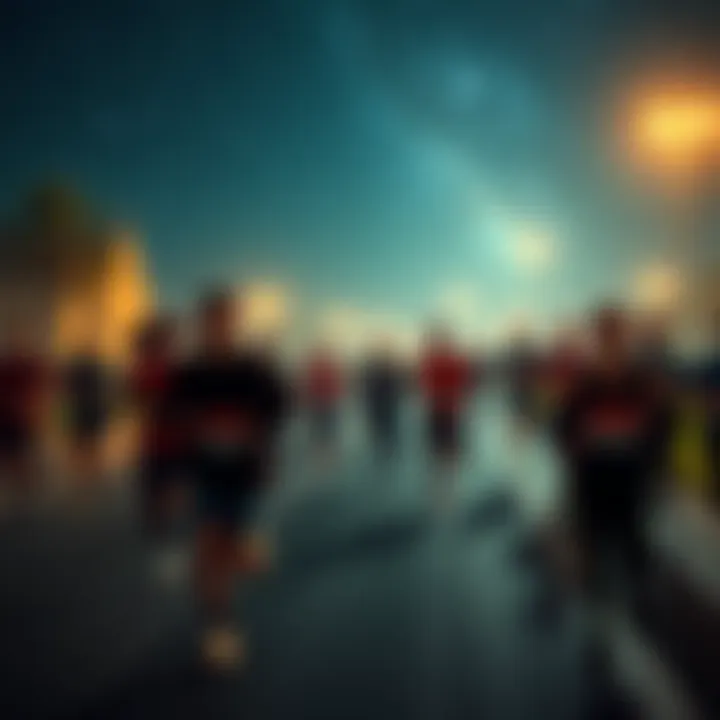 Group of people running together at night under the stars, sharing excitement and camaraderie.