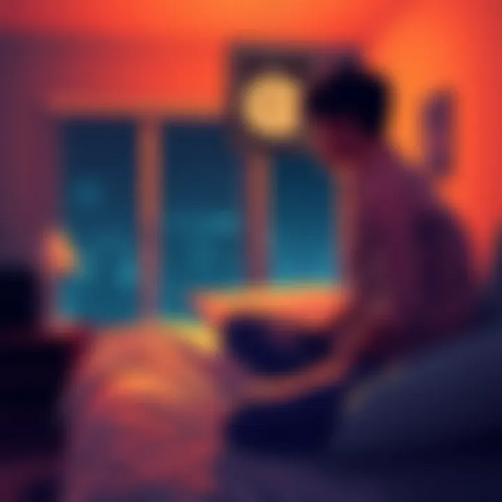 A person sitting on a bed, looking at a clock showing late hour, deep in thought about work and sleep.