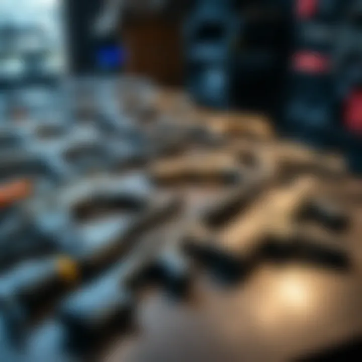 A display of modern firearms laid out on a table, highlighting their features and design.