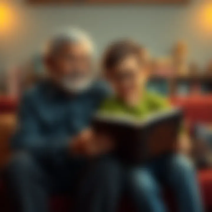 A grandparent and grandson sit together with the new D&D Player's Handbook, looking excited to explore the game together.