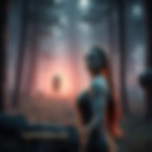 Laufey stands in a mystical forest, looking towards a distant figure resembling Kratos, her expression a mix of surprise and curiosity.
