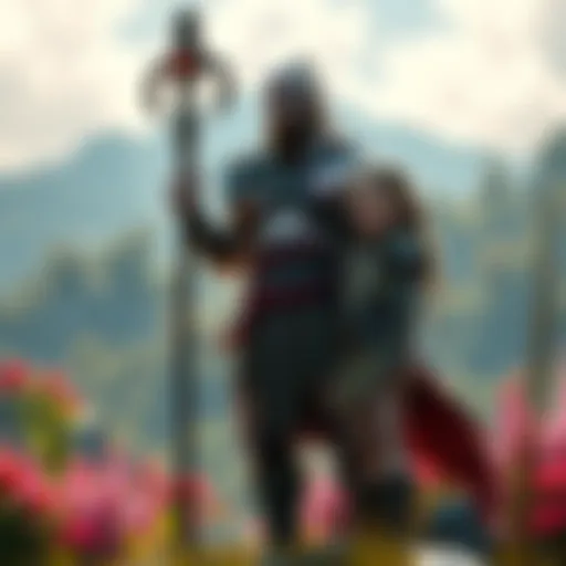 Laufey Standing Strong Laufey, a strong Nordic warrior, poses confidently with a mystical staff while Atreus stands beside her in a lush, vibrant setting symbolizing new adventures ahead.