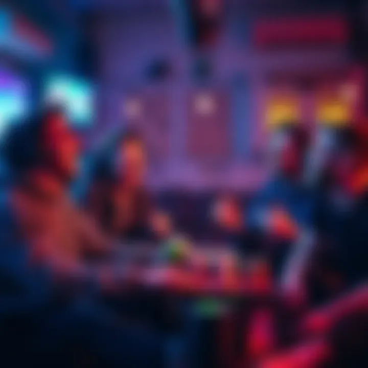 Laughing gamers during raid night A group of friends sitting around a gaming setup, laughing and sharing jokes about krill, creating a fun atmosphere during a raid