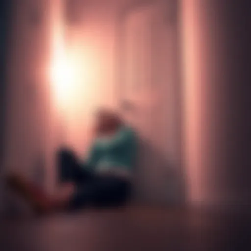 A person sitting on the floor, laughing while trying to open a closed door in a small room