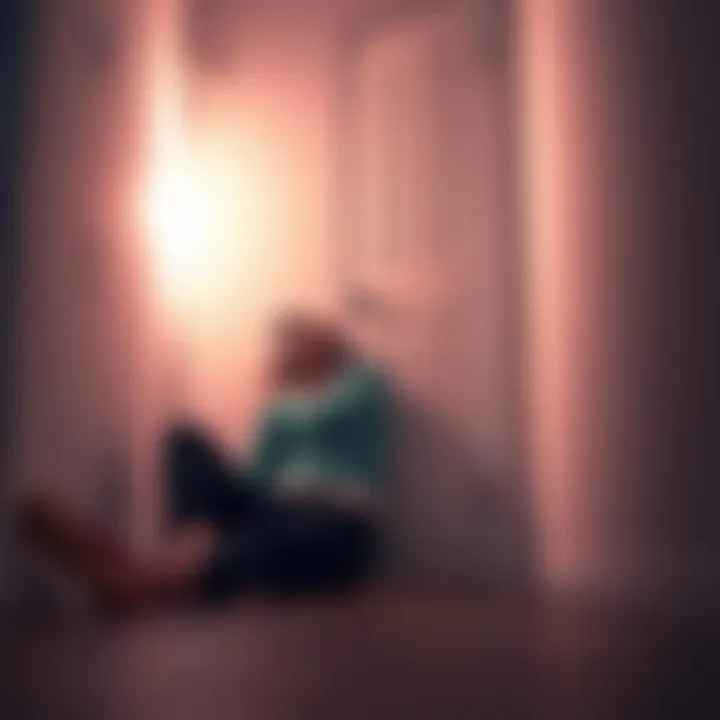A person sitting on the floor, laughing while trying to open a closed door in a small room