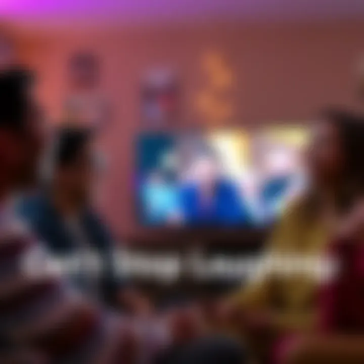 A group of friends laughing while watching a comedy show on TV.