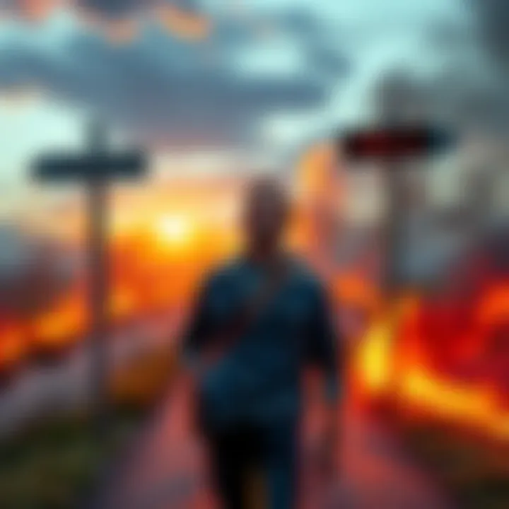 A person laughing while standing at a crossroads with signs pointing to heaven and hell, highlighting the debate over humor and morality