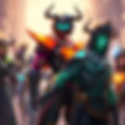 Several gaming characters proudly display their vibrant mythic skins while one hero stands out, waiting for their turn to receive a skin.