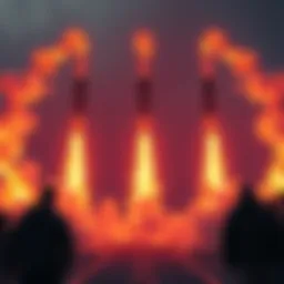 Launch of Two Magma Blades Two fierce Magma Blades glowing with heat, ready for the launch after a long wait, surrounded by excited onlookers.