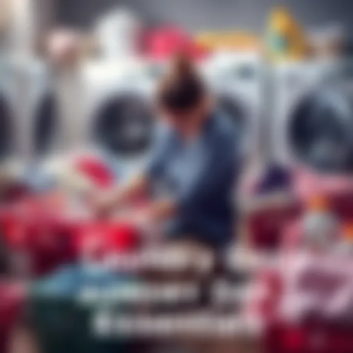 A person sorting laundry into different baskets for washing, surrounded by laundry supplies like detergent and fabric softener.