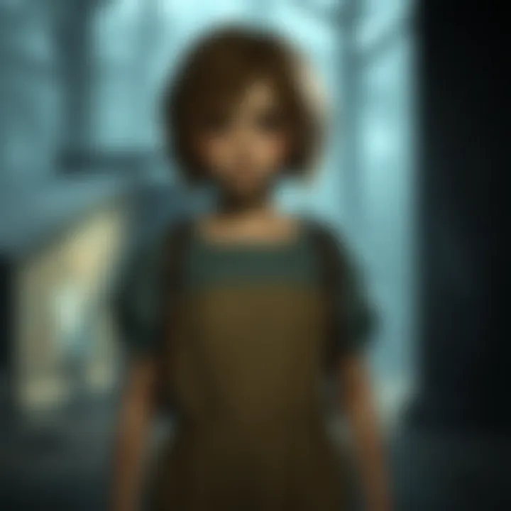 A young girl with short, messy hair and a simple dress, standing in a foggy and eerie environment that reflects the unsettling tone of Silent Hill 2.