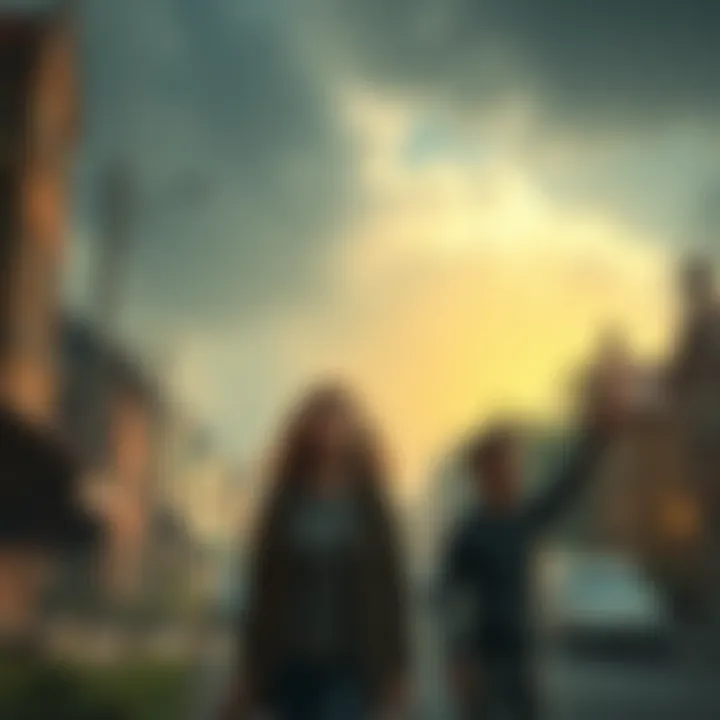 Laura looks at a normal town while James points to unseen monsters, showing their contrasting views.