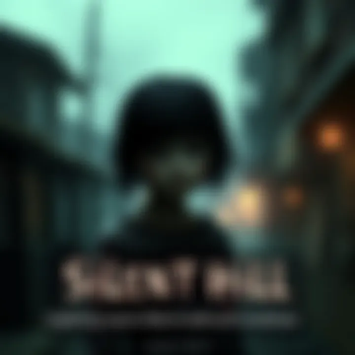 A young girl with a curious expression stands in a foggy, dark town, symbolizing isolation and innocence. She looks around as if searching for someone.