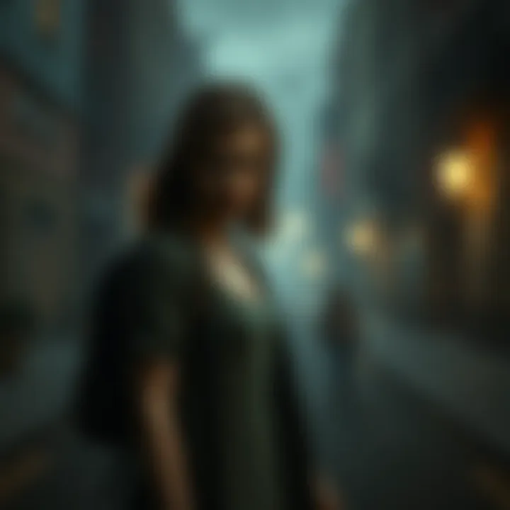 Laura searching in Silent Hill Laura walking through a foggy street in Silent Hill, looking for Mary, with a worried expression