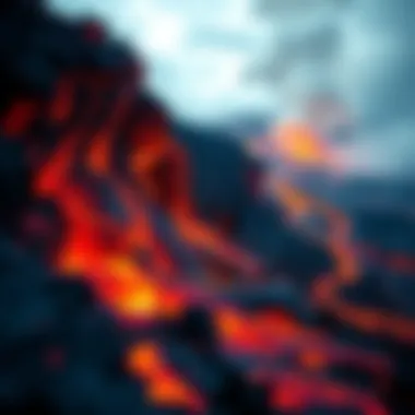 Lava Flow Eruption A close view of lava flowing down a volcanic slope, with smoke rising in the background, impacting the surrounding area.