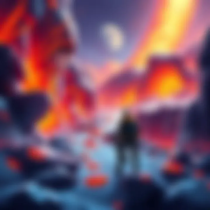 A digital illustration showing the Lava Remix skin featuring vibrant colors of lava and molten rock, with characters attempting to gather universal shards in a game setting.