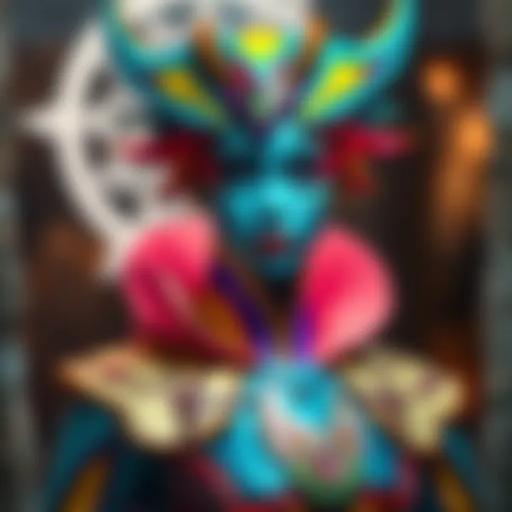 A person dressed in a unique Lavos and Tachyon inspired costume, showcasing vibrant colors and intricate designs, reflecting low cortisol levels through their expression and posture.