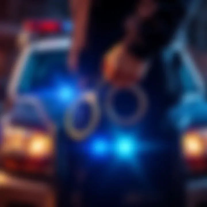 A law enforcement officer holding handcuffs in front of a police vehicle