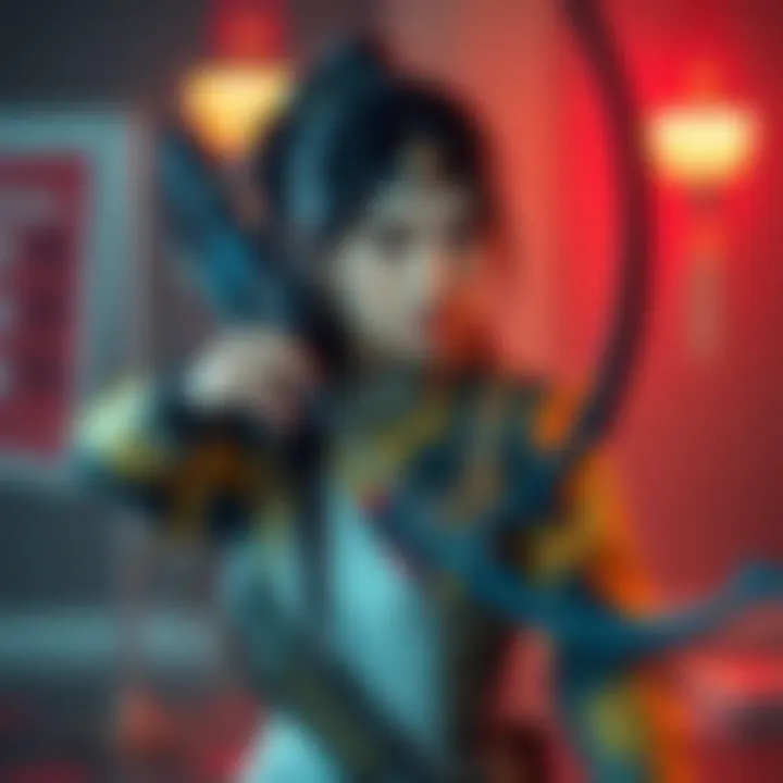 Lawan, an Asian woman with a crossbow, stands ready in a game setting, showcasing her new design.