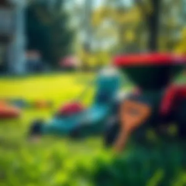 Lawn Care Tips A lush green lawn cared for by enthusiasts showing various lawn care tools like a mower and fertilizer spreader