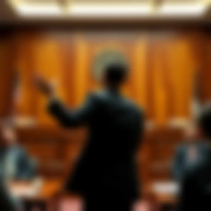 A defense lawyer gestures dramatically in court while making a quirky legal plea of 'oopsie daisies', capturing the attention of the audience and judge.