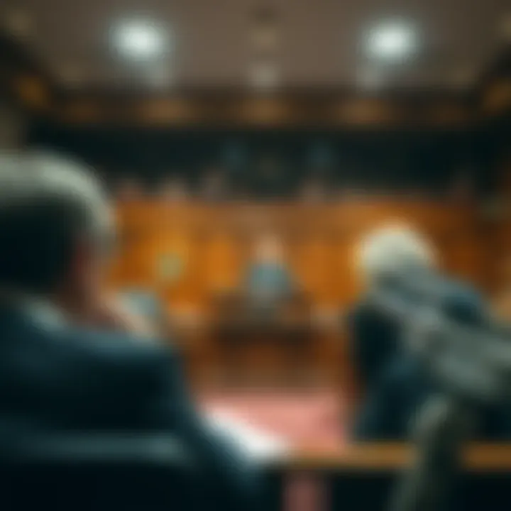 Lawyer in courtroom defending a client A lawyer passionately defending a client in a courtroom setting, with a judge and audience in the background.