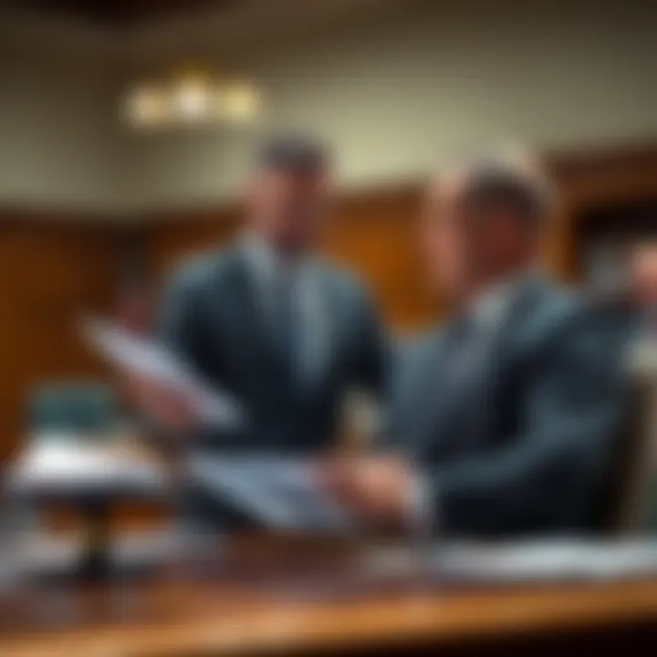 Lawyer discussing defense strategies A lawyer showing legal documents and discussing defense strategies in a courtroom setting.