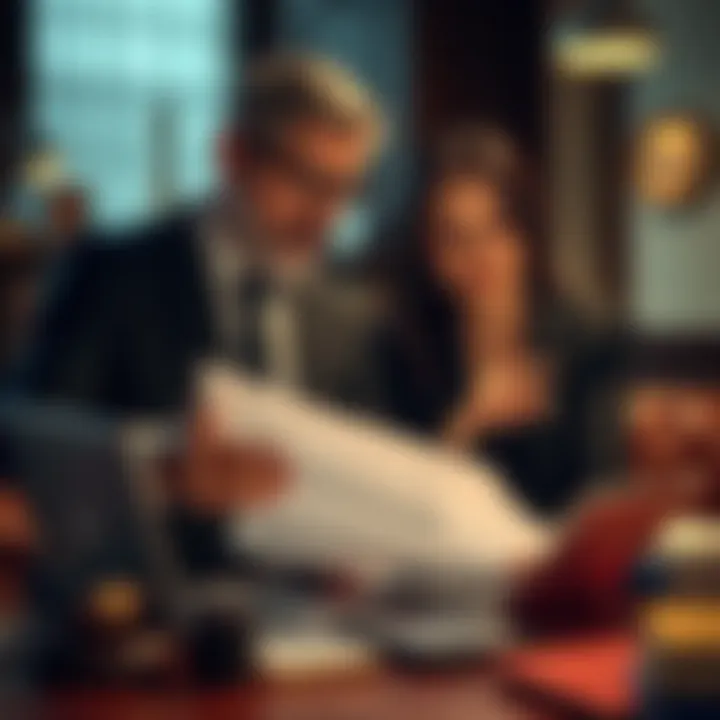 Two lawyers discussing legal documents with a laptop in front of them, focused on case details.