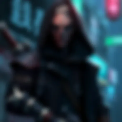 The Stalker character from Laxasia, with dark attire and a mysterious look, ready for action in a game setting.