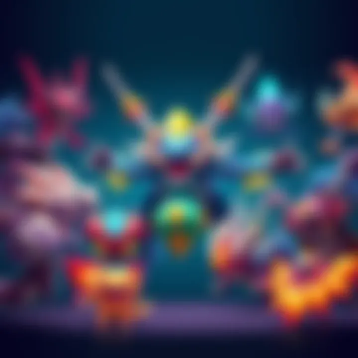 Various colorful layered equipment sets displayed with different monster designs and styles