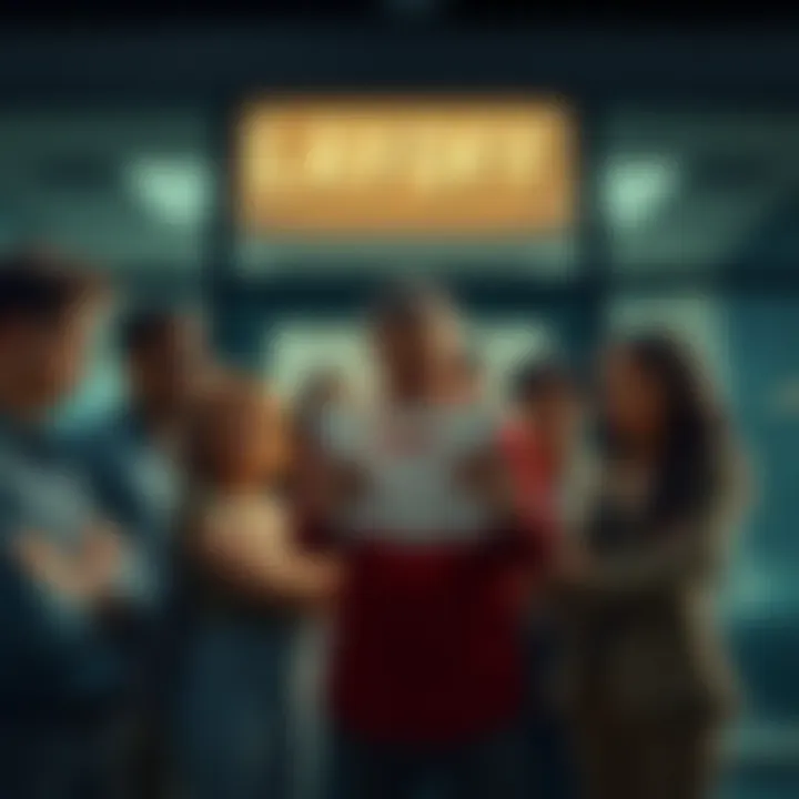 Layoff Announcement A group of anxious employees reading a layoff notice in front of their office building, showing expressions of shock and concern.