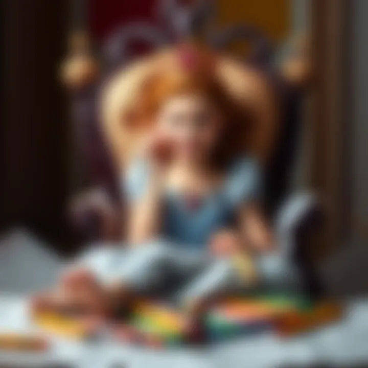 A lazy princess sitting on a throne, surrounded by untouched coloring pages and crayons, with a playful expression.