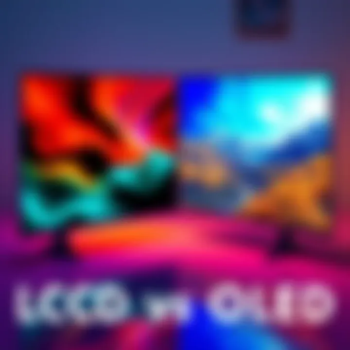 A side-by-side view of an LCD screen and an OLED screen displaying vibrant images, highlighting their differences in brightness and color quality.