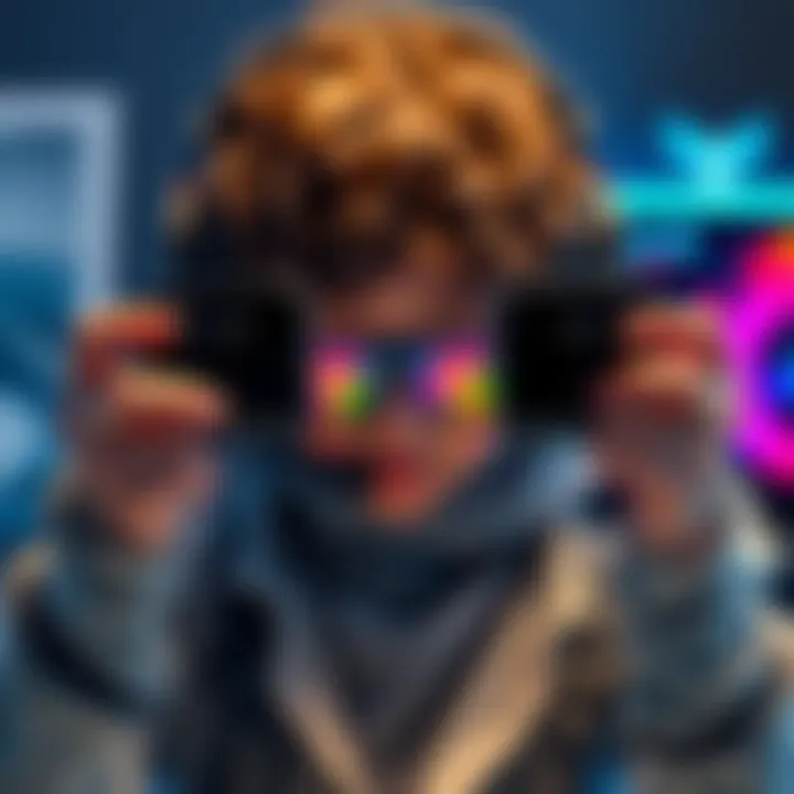 Comparison of LCD and OLED gaming devices A gamer holding an LCD 256GB model on one side and an OLED model on the other, evaluating their features in a gaming setup