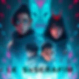 Artwork featuring Le Sserrafim characters with two recognizable figures and two mysterious characters in the center