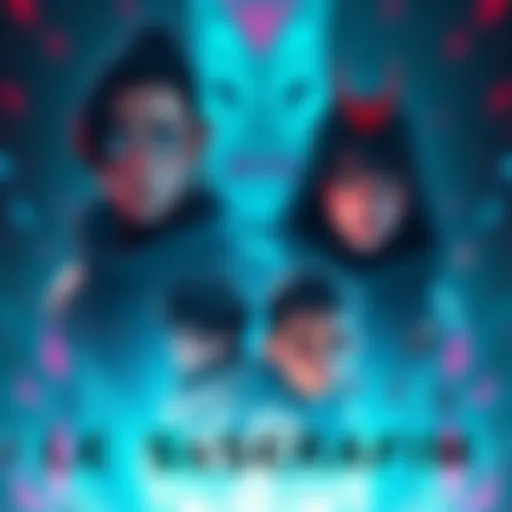 Artwork featuring Le Sserrafim characters with two recognizable figures and two mysterious characters in the center